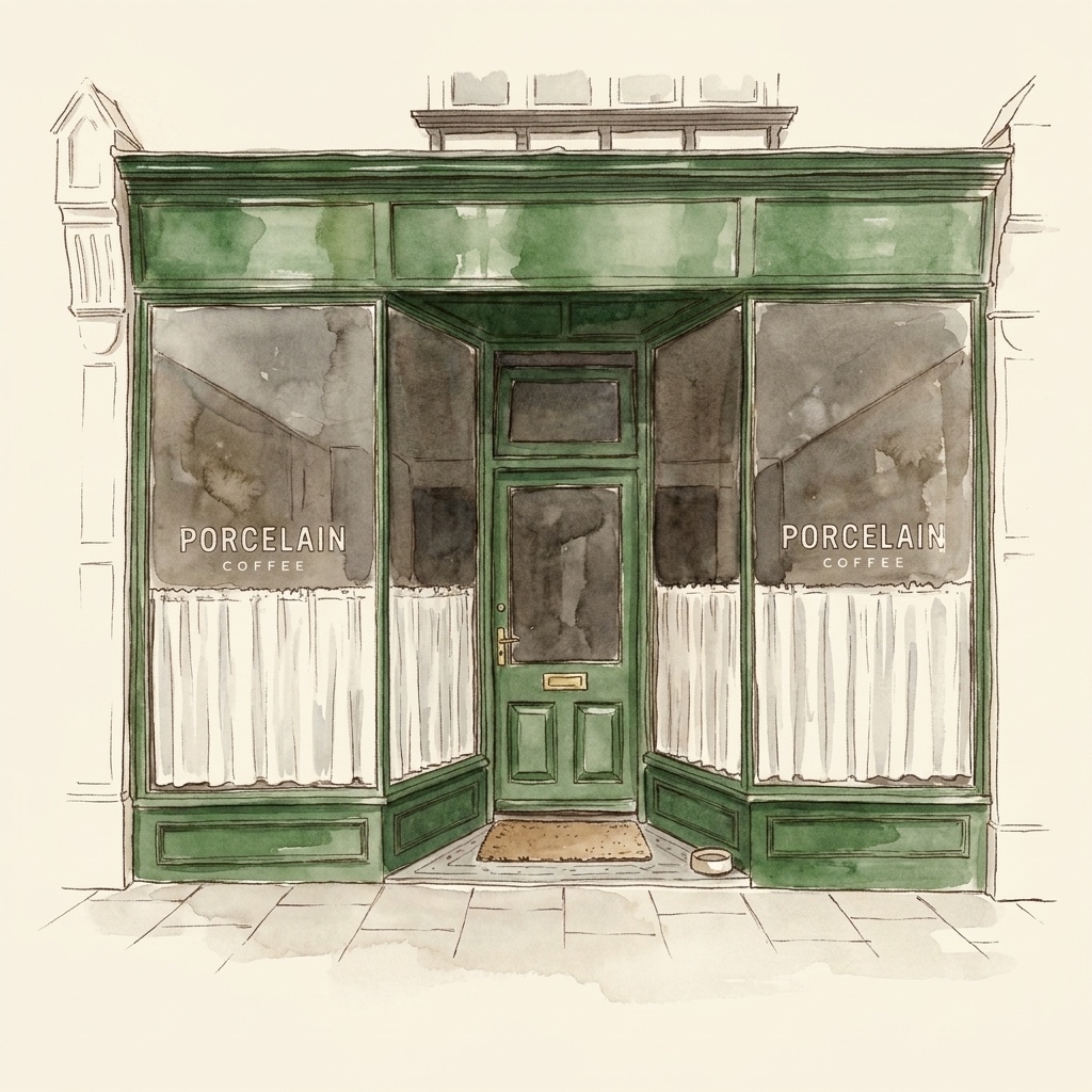 Watercolour painting of the green shopfront at 3C Old Elvet, Porcelain lettered on both windows, the door between them.